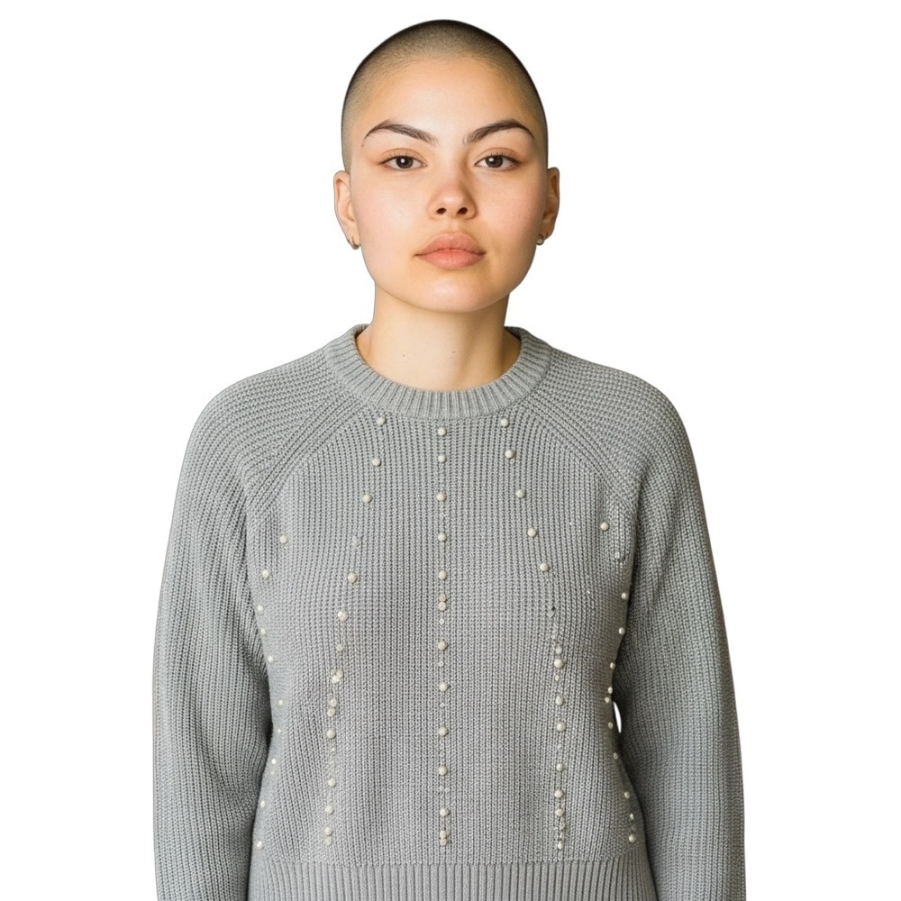 French Connection Gray Crew Neck Ribbed Sweater Sz XXL Pearl Embellished Baggy